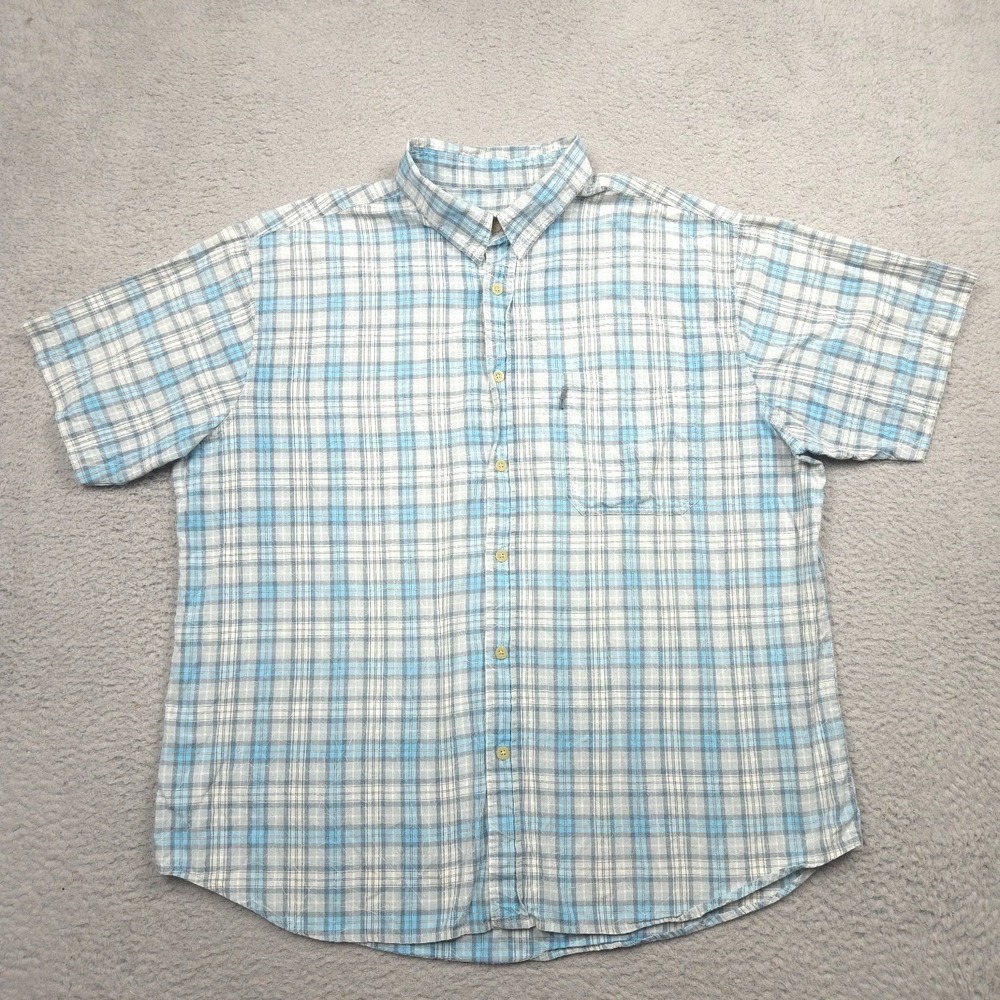 Woolrich Men XXL Plaid Shirt 100% Cotton Short Sleeve Button Down Blue Gray